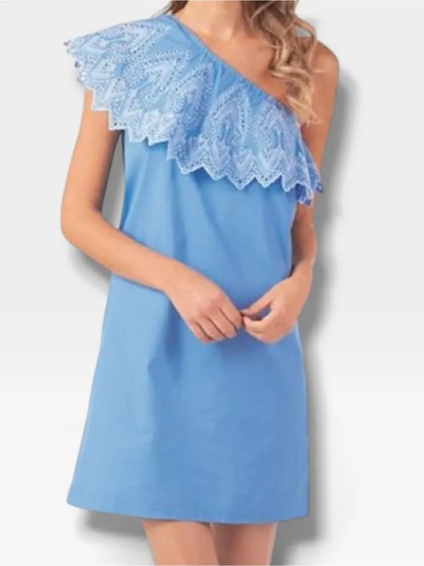 Mud Pie Laurel Periwinkle One Shoulder Eyelet Cotton Dress XS 0-2 NEW - Image 3