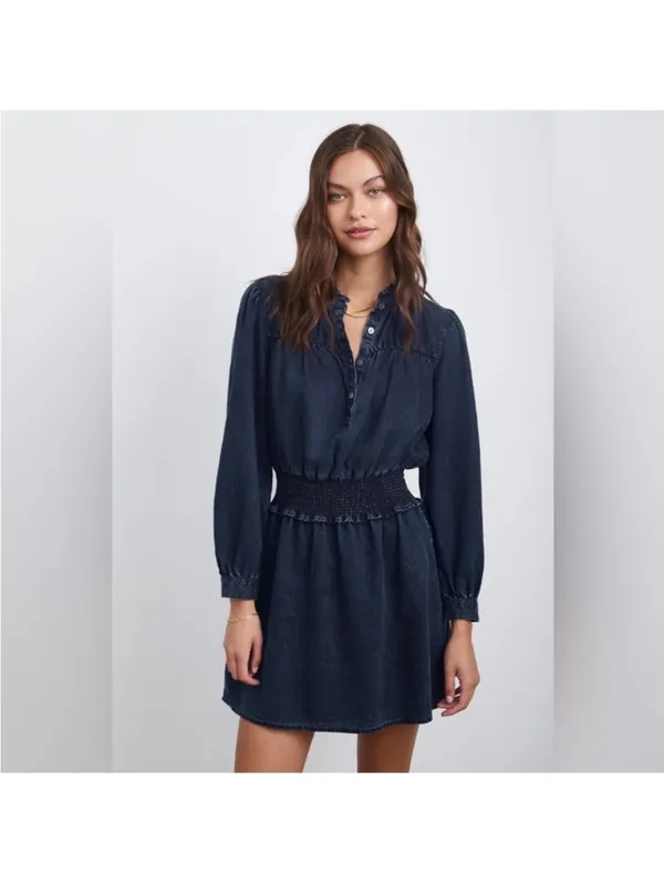 Rails Shawna Mini Dress Womens‎ Medium Dark Vintage Blue Smocked Waist Tencel - Image 2