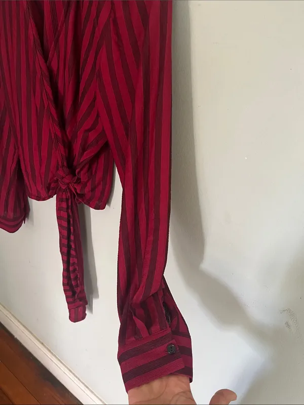 Chocolate Burgundy and Black Striped Tie-Front Blouse - Image 3