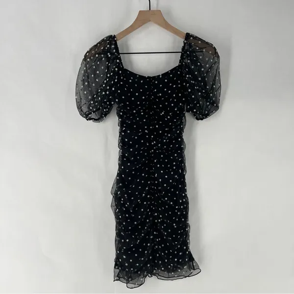 H&M Black & White Polka‎ Dot Mesh Puff Sleeve Ruffle Trim Ruched Mini Dress XXS - Image 10