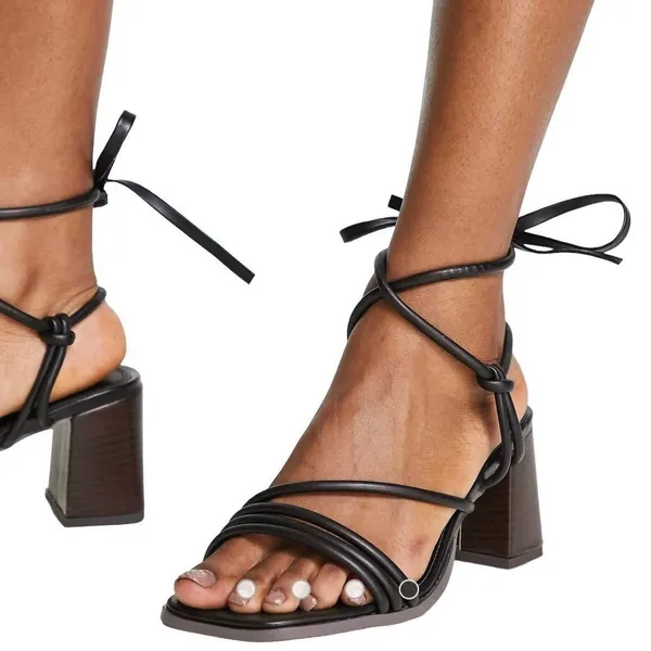 ASOS Sandals Size 7 Black Y2K Strappy Ankle Tie Block Heel Faux Leather - Image 2