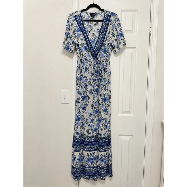 Angie Blue Floral Border Print Boho Maxi Wrap Dress Short Sleeve Rayon Medium - Image 2