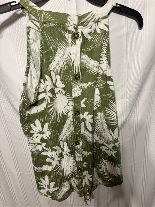 Olive Green Tropical Halter Tank with White Leaf Print Size M - Image 4