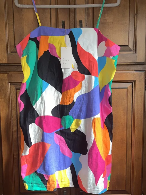 A New Day Linen-Blend Dress Womens L .Colorful Abstract Mini Shift Mod Artsy - Image 5