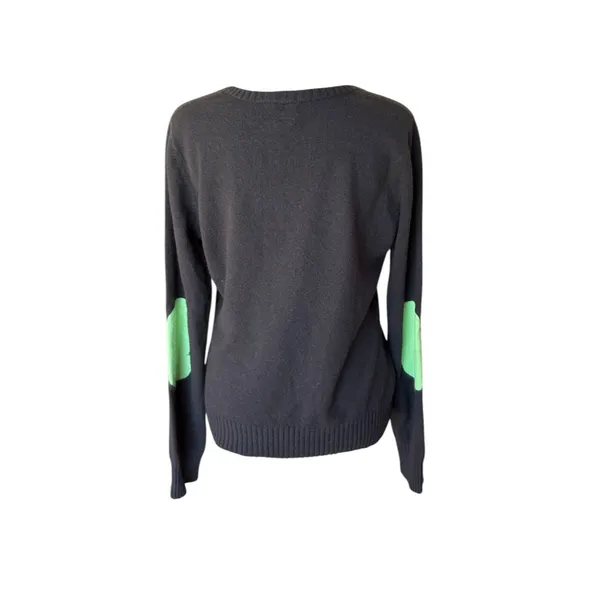 Boo Gemes Chocolate Brown Cashmere Sweater Green Elbow Patch V Neck Womens Large - Image 2