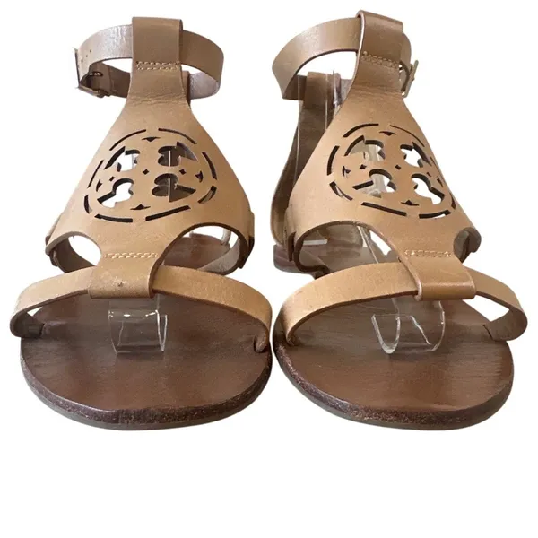 Tory Burch Zoey Leather Sandals‎ Tan Cutout Logo Flat Size 8 - Image 2
