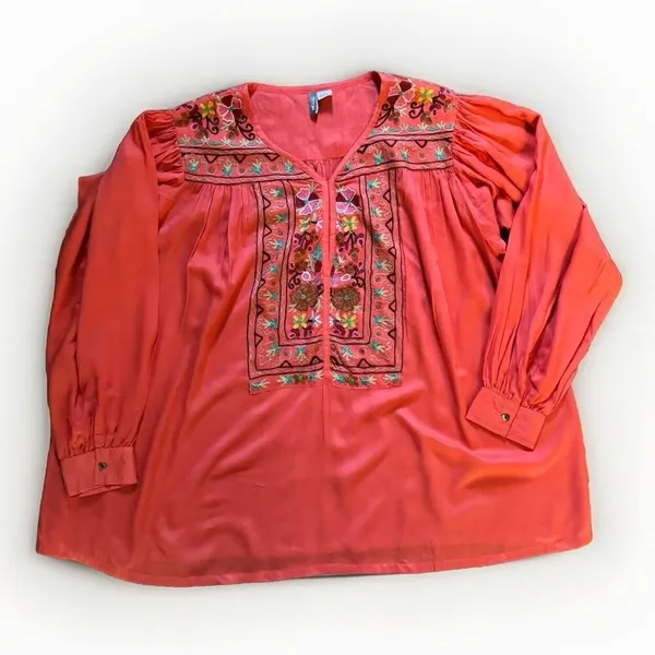 Anu Embroidered Top Blouse Tunic Boho Coral Pink Womens Size Extra Large - Image 3