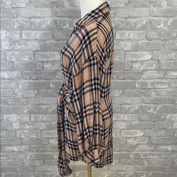 Vici Touch of Plaid Shirt Dress in Tan and Navy - Image 4