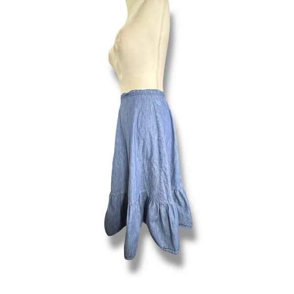 Handmade‎ Chambray Ruffle Hem Flowing Midi Skirt Western Boho Romantic Denim Blue - Image 4