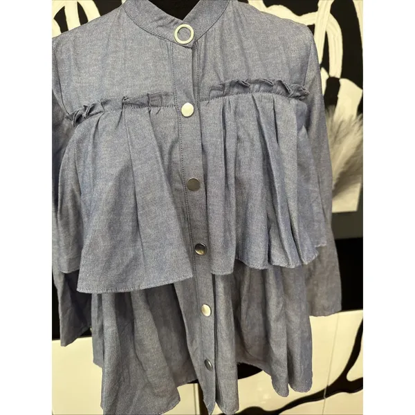 Zara Basic Chambray Ruffle Button Front Blouse Women’s XS Blue Long Sleeve EUC - Image 4