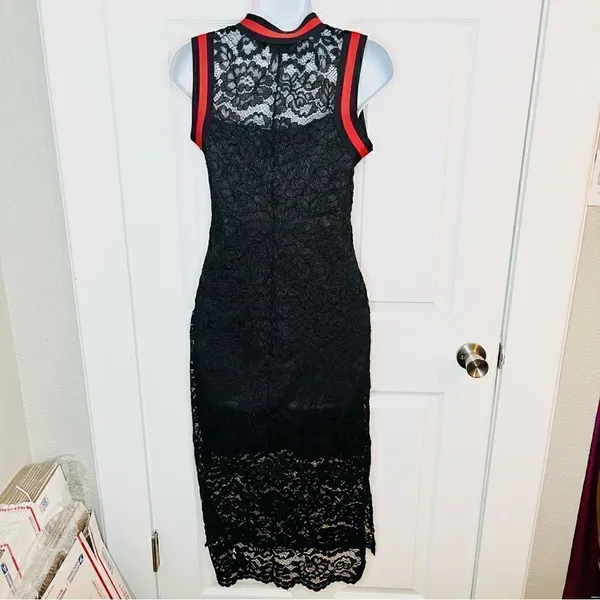 BAKU Fitted Black Lace Midi Dress Red Stripe Trim S - Image 8