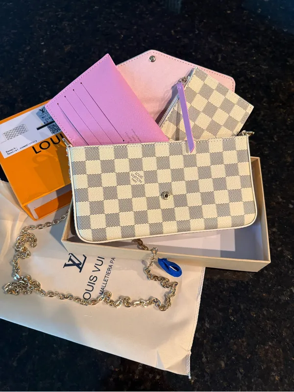 Damier Azur Check Canvas Crossbody Wallet with Gold Chain - Beige & Pink - Image 3