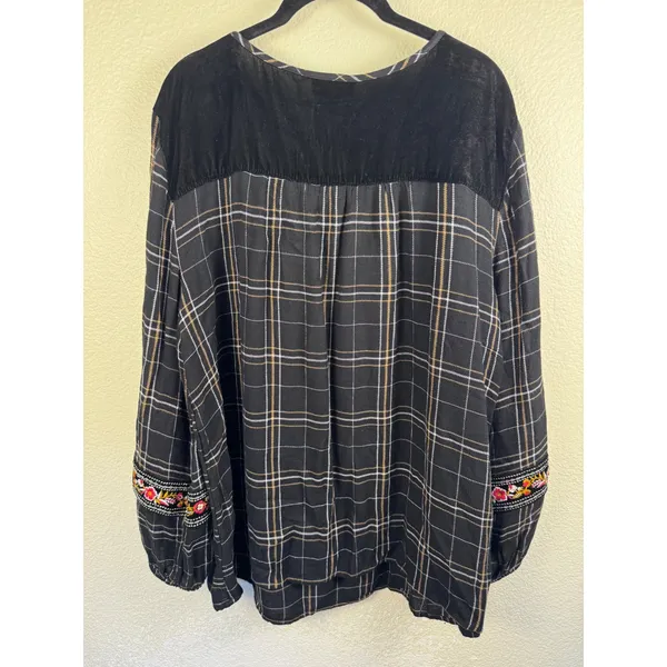 Style & Co Blouse Womens XL Plaid Embroidered Boho Peasant Tassel Velvet Top - Image 5
