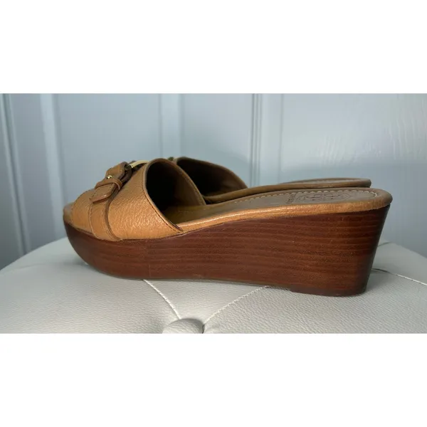 Tory Burch Cognac Leather Wood Platform Wedge Sandals Gold Buckle Mules 7.5 - Image 5