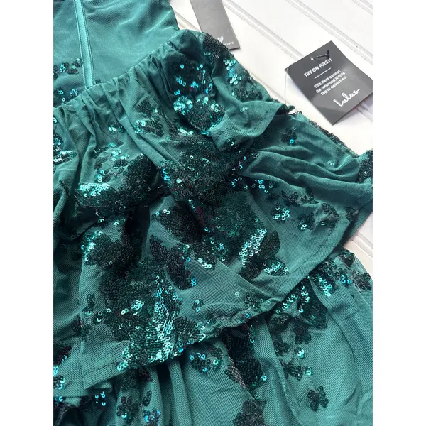 NWT Lulus Definite Glamour Emerald Mesh Sequin Bustier Tiered Mini Dress Size XS - Image 4
