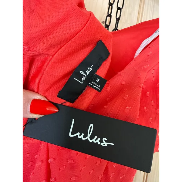 NWT Lulus Lulus Valonia Red Orange Ruffled Clip Dot Empire Waist Midi Dress Sz M - Image 8