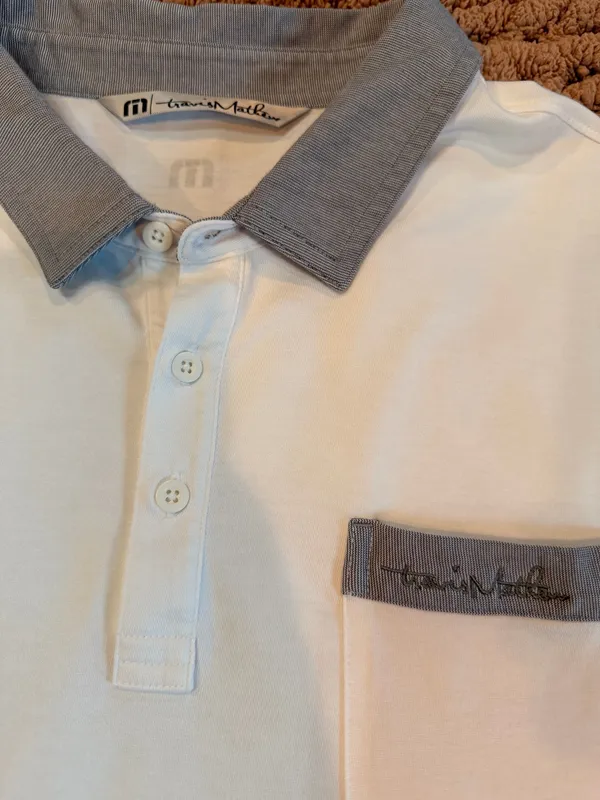 TravisMathew Men’s XXL White Golf Polo Gray Contrast Collar Pocket Pima Cotton Blend - Image 2
