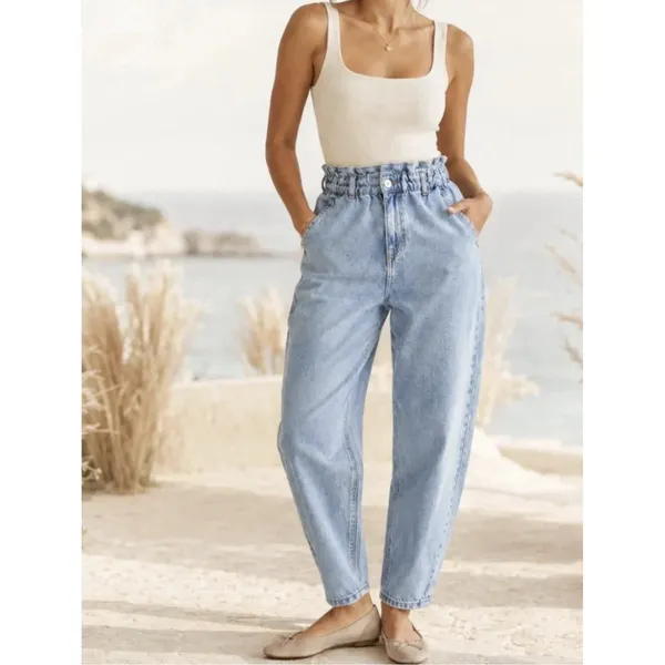 ZARA Women's Size 10 Ultra‎ High Waisted Paper Bag 90's Y2K Barrel Denim Jeans - Image 2