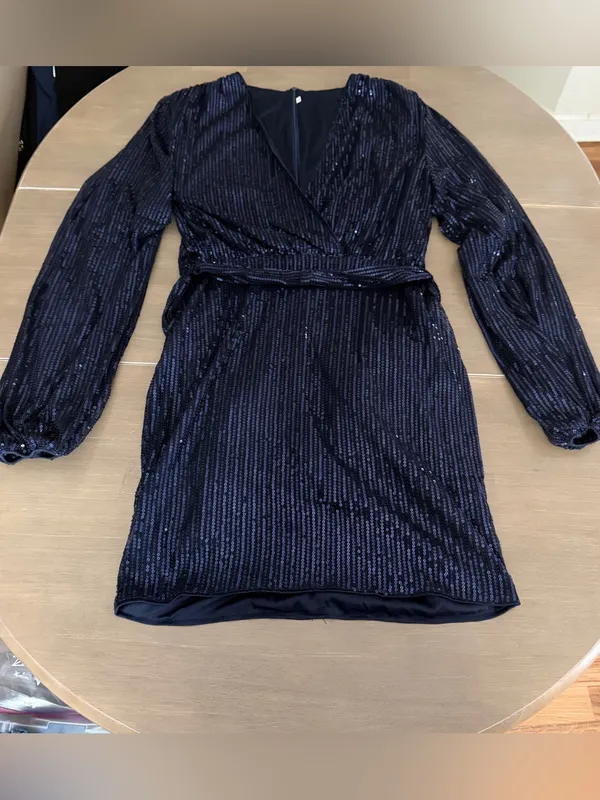 Navy Blue Sequin Wrap Dress Long Sleeve Tie Waist Cocktail Party Mini Dress - Image 2