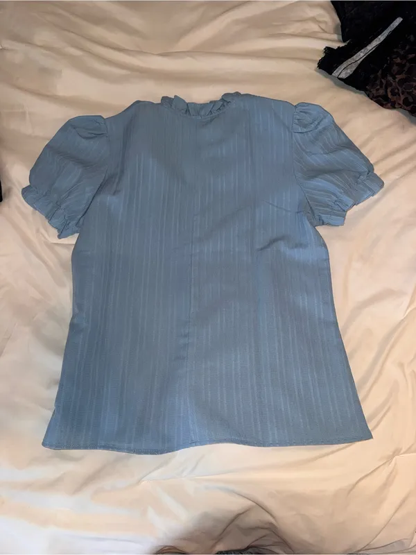 Light Blue Puff Sleeve Ruffle Neck Women's Top - Image 2