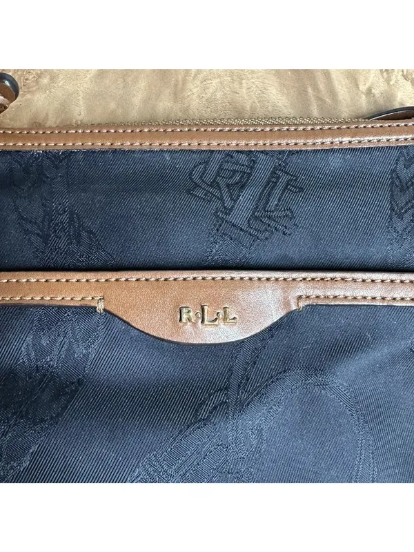 Ralph Lauren RLL Black Equestrian Jacquard Crossbody Bag Brown Leather Trim - Image 4