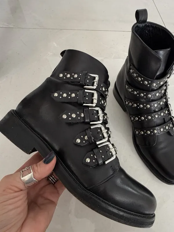 MAJE Leather Biker Boots EU 37: US 6.5 UK 4 Black Studded Buckle Straps Womens - Image 3