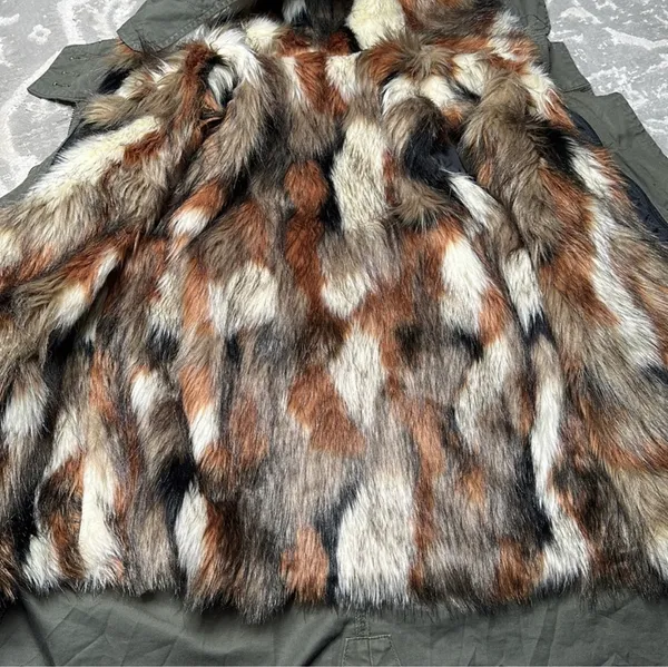 : Olive Green Faux Fur Canvas Coat - Image 5