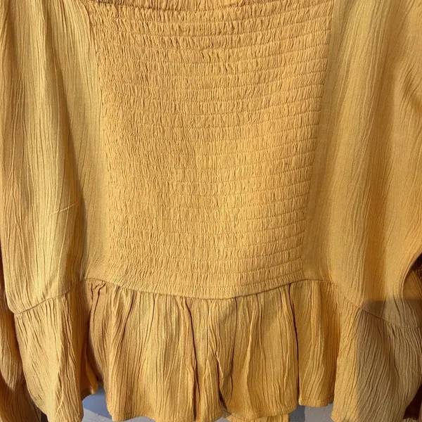 American Eagle NWT Blouse Top Crochet Gauze SZ LG Long Sleeves Mustard Smocking - Image 9