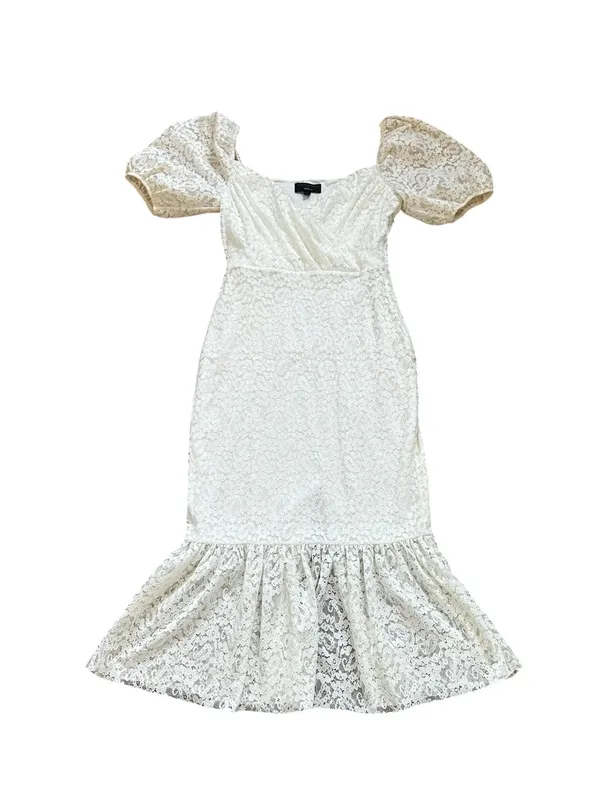Michael Costello Revolve Cream Lace Midi Dress Puff Sleeve Ruffle Hem Feminine - Image 2