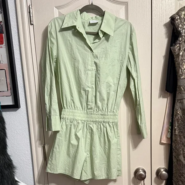 SUNDAYS by wearesundays Mint Green Lottie Button Front Long‎ Sleeve Romper - Image 2