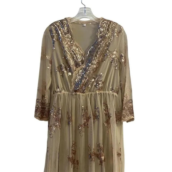 Rouge Women's M Beige Champagne V-Neck‎ Midi Dress with Rose Gold Sequins - Image 3