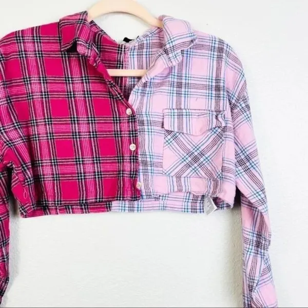 ADIKA‎ Plaid Mismatch Cropped Long Sleeve Shirt Small - Image 5