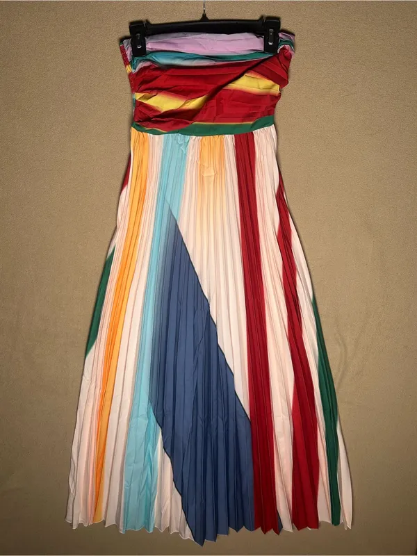 Strapless Maxi Dress, multicolored, pleated, size small, tube top style bodice. - Image 2