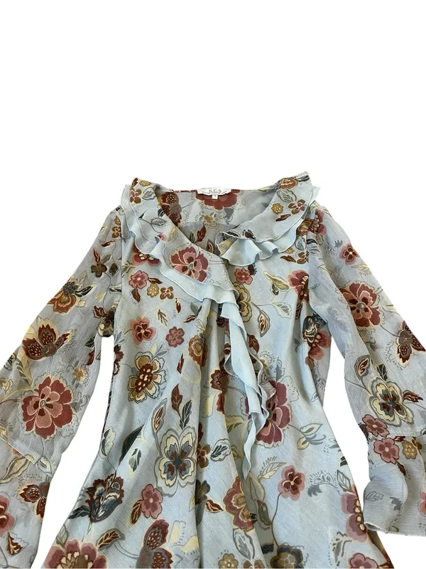 Y2K Light Blue Floral Ruffle Top Bell Sleeves Ethereal Feminine Romantic Boho - Image 4