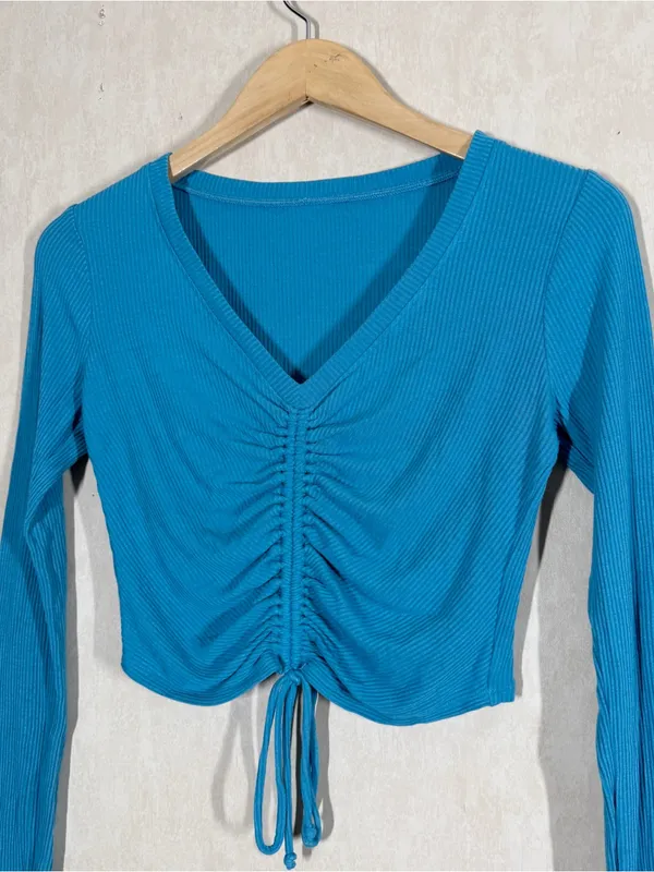 ALO Yoga Women’s Ribbed Cropped Cinch Long Sleeve in Blue Splash S - Image 3