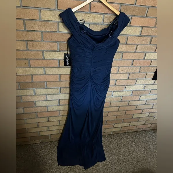 NWT La Femme Off Shoulder Column Mother of the Bride Ruched Navy Size 12 29541 - Image 6