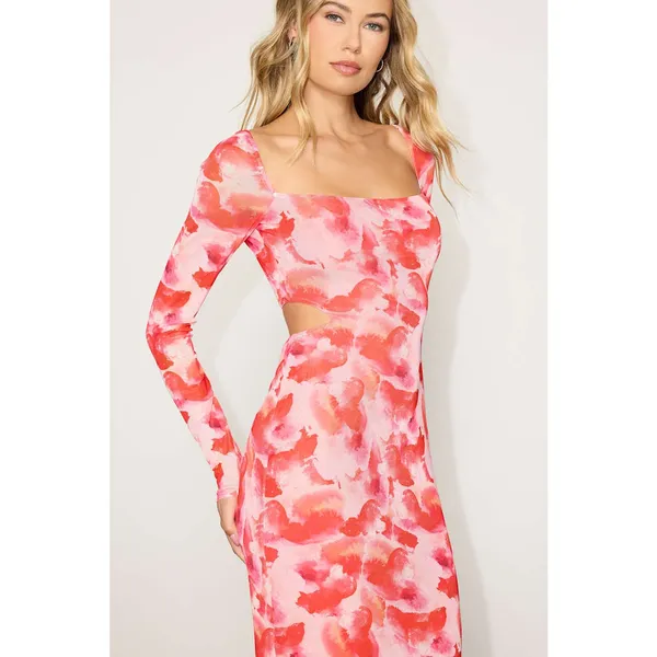 Lulus Dasia Pink and Red Abstract Print Mesh Cutout Midi Dress Large NWT - Image 2