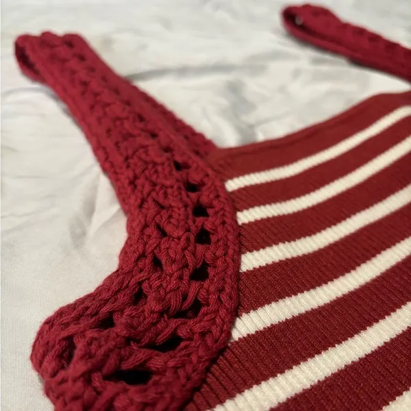 Aerie Red Ivory Striped Crochet Strap Knit Tank Top Size Large NWT Coastal Y2K - Image 5