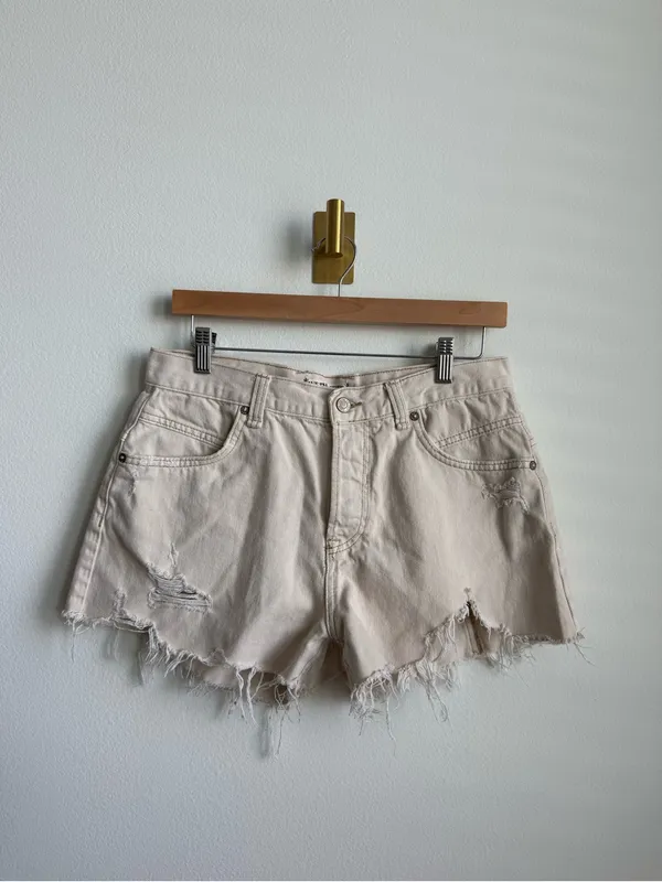 Free People We The Free Now Or Never Denim Shorts Distressed Raw Hem Tan 28 - Image 4