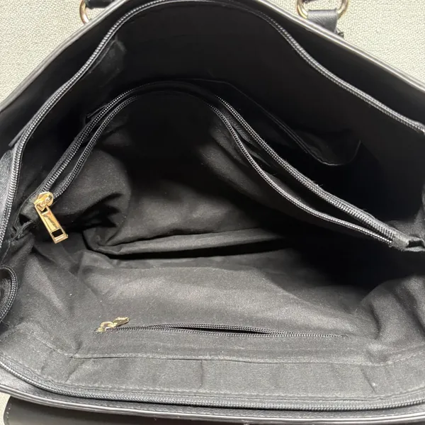 Black Faux Leather Satchel Handbag‎ Large Tote Purse Gold Hardware Edgy Workwear - Image 4