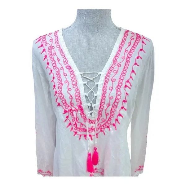 VINTAGE HAVANA WHITE AND NEON PINK EMBROIDERED GYPSY TUNIC TOP size M - Image 7