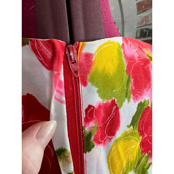 maxi Dress empire waist puff sleeve floral red yellow green 1970s - Image 7