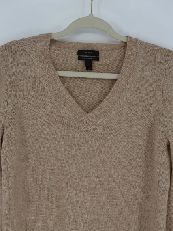 J.Crew Wool Cashmere V-Neck Sweater Small Tan Leather Sleeve Panels Tan - Image 2