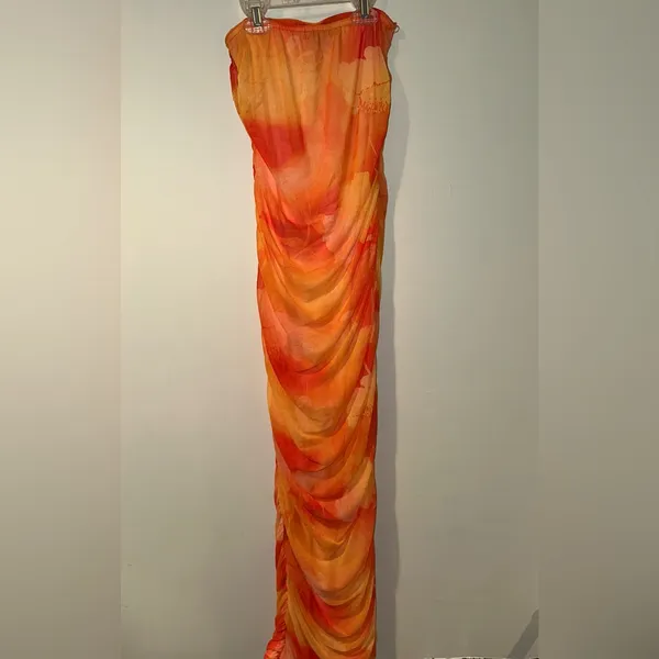 PrettyLittleThing Orange Floral Mesh Bandeau Ruched maxi dress size 2 - Image 8