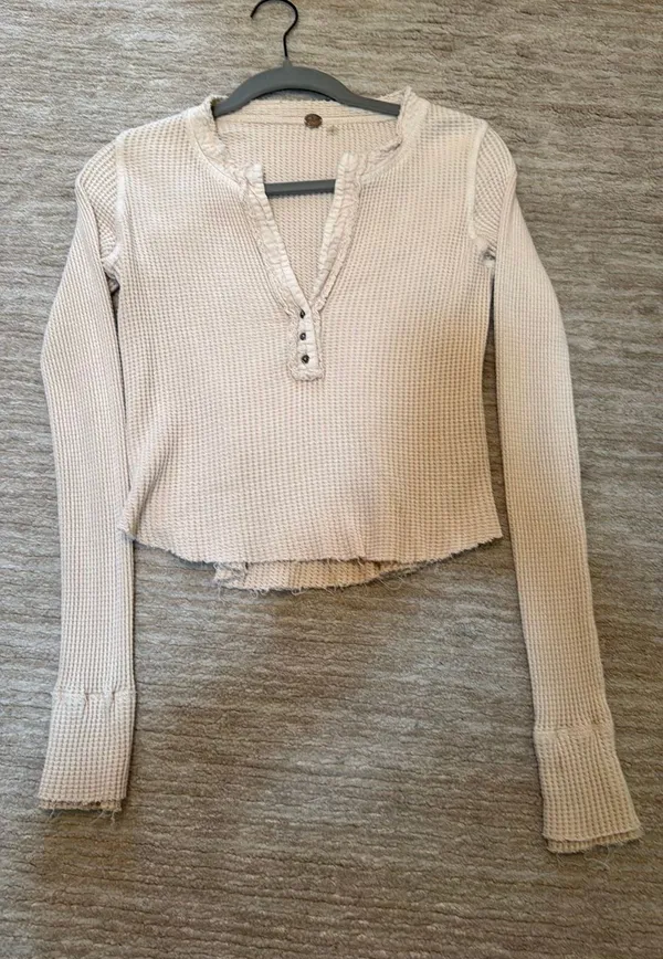 Free People Cream Waffle Knit Henley Long Sleeve - Image 2