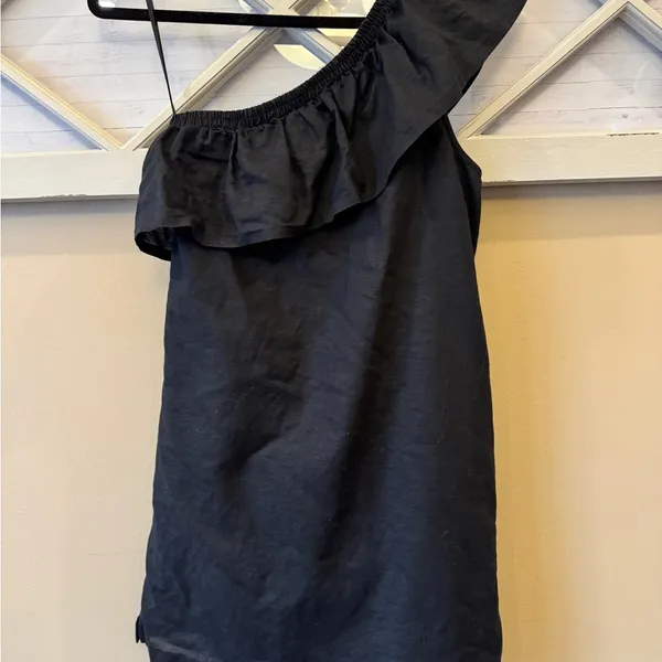 J.Crew Black‎ Linen Blend Ruffle One Shoulder Shift Dress Size S - Image 4