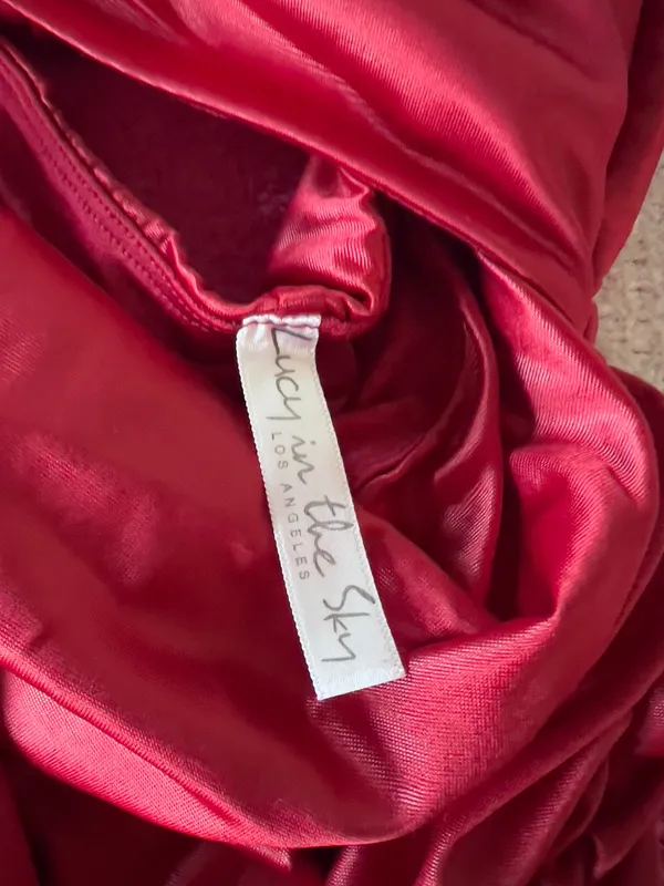 Lucy in the Sky Stunning red satin dress with a ruched design. Perfect for special occasions. - Image 4