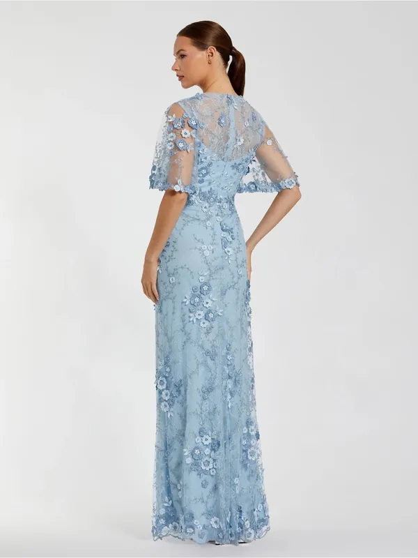 Mac Duggal 68810 Blue Flutter Sleeve Floral Embroidered Net Gown sz 10 - Image 3