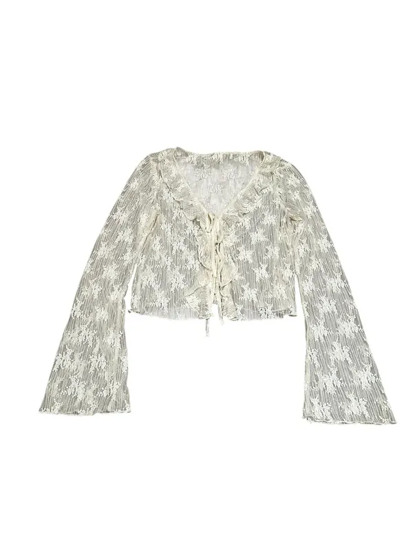 Women’s Ivory Lace Ruffle Blouse Flare Sleeve Tie Front Festival Feminine - Image 2