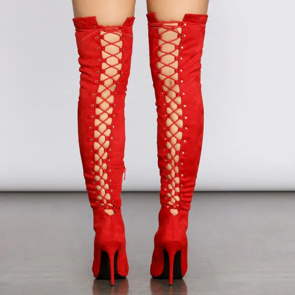 Forever Link New Red Stretchy Over The Knee Thigh High Boot Gold Studded Stiletto High Heel - Image 6